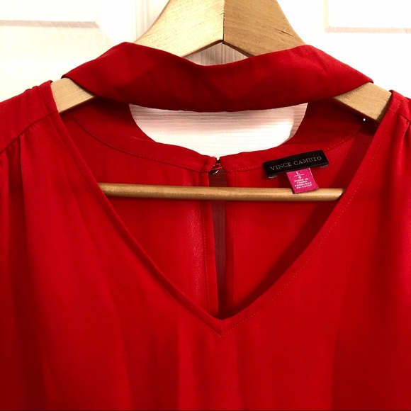 Vince Camuto | Mock Choker Red V-Neck Blouse | L - Picture 5 of 7